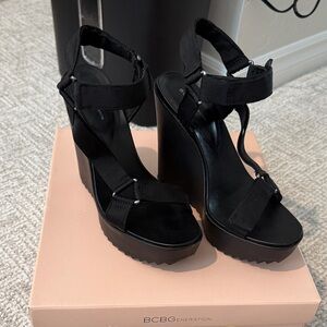 BCBGeneration Black Strappy Wedge Heels
